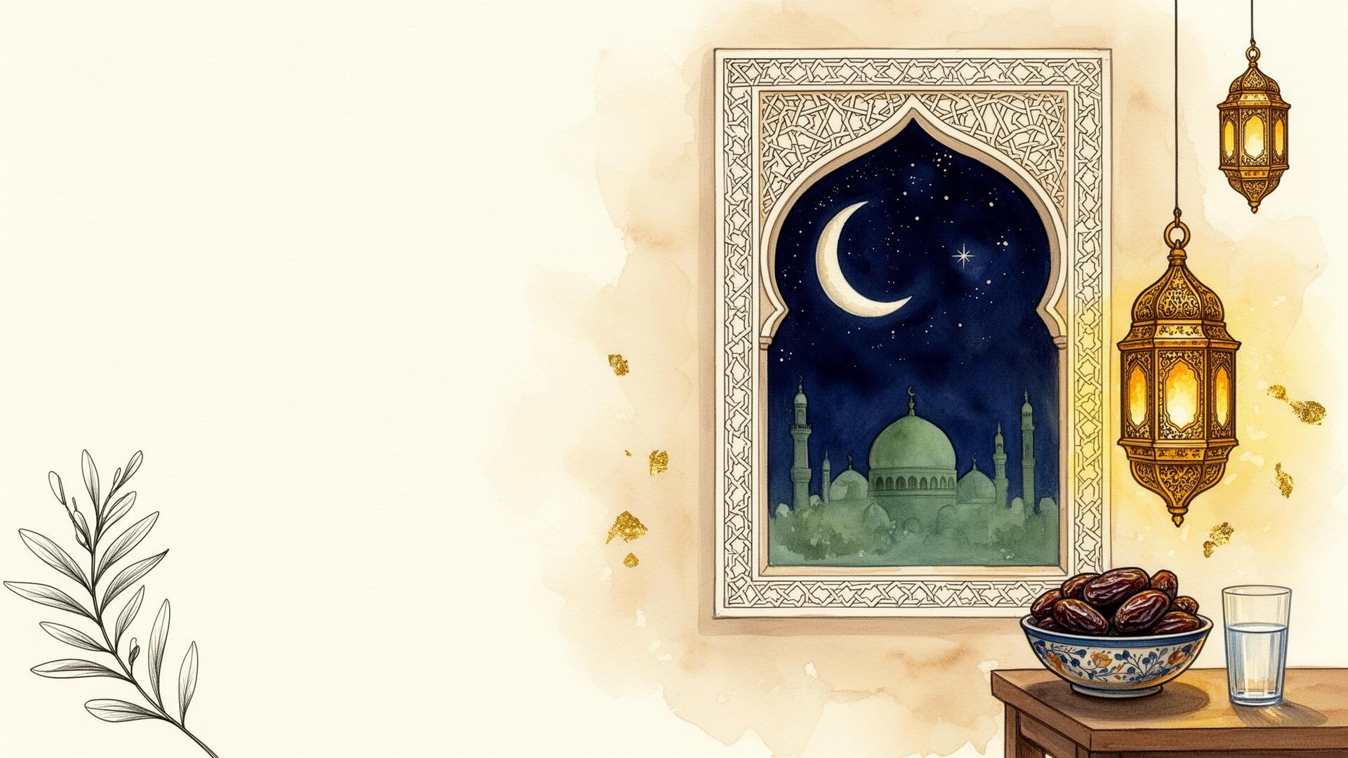 Aquarell-Illustration: Bogen-Fenster mit Moschee & Halbmond, Laterne, Datteln und Wasserglas